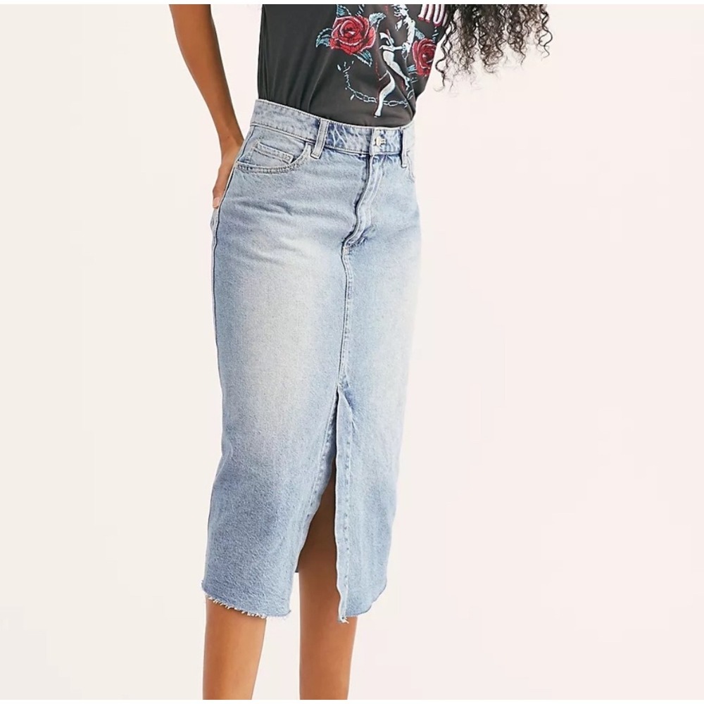 We The Free Womens‎ Wilshire Denim Midi Skirt Size 27 Blue Raw Hem Blue Boho
